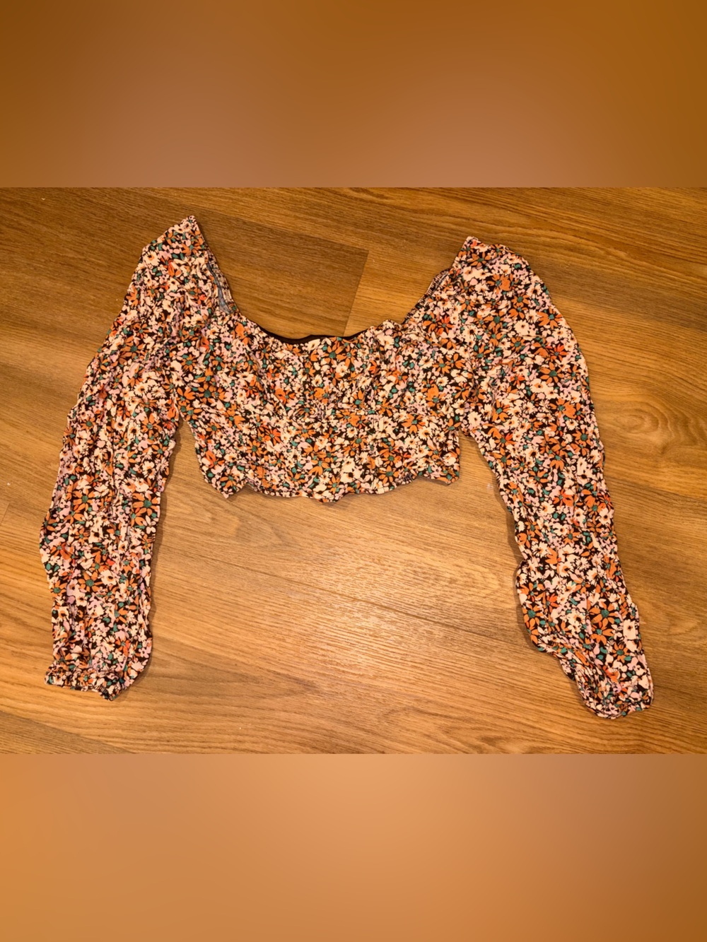 wild fable Orange Floral Long-Sleeve Smocked Crop Top